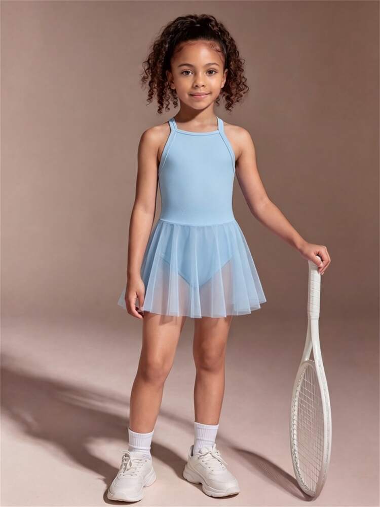 SHEIN Young Girls' High-Elasticity Skin-Friendly Pink One-Piece Dress, Back Mesh Patchwork, Soft And Stretchy Fabric, Suitable For Yoga, Dance, Gymnastics, Ballet, Daily Practice, Travel And Casual Wear - Blue - View 2