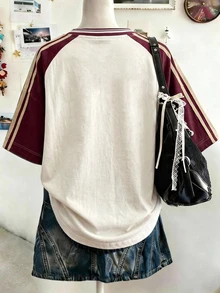 青少年女孩簡約休閒卡通圖案T恤，適合夏季 - 白色 - 查看 2