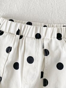 SHEIN Elladie kids 女童針織條紋丹寧外套套裝，長袖，秋冬新款，冬季校園風，波點丹寧開襟衫搭配白色上衣套裝 - 白色 - 查看 5