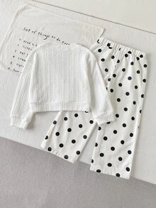SHEIN Elladie kids 女童針織條紋丹寧外套套裝，長袖，秋冬新款，冬季校園風，波點丹寧開襟衫搭配白色上衣套裝 - 白色 - 查看 2