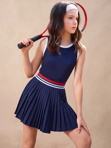 SHEIN Tween Girl Daily Active Casual Sports Solid Color Criss-Cross Tank Style Sports Dress Gym Navy Blue Summer For Tween Girl - Blue - View 2