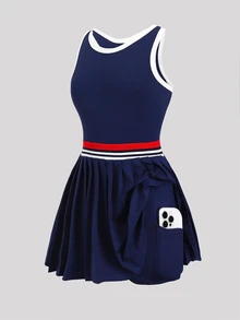 SHEIN Tween Girl Daily Active Casual Sports Solid Color Criss-Cross Tank Style Sports Dress Gym Navy Blue Summer For Tween Girl - Blue - View 10