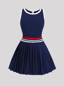SHEIN Tween Girl Daily Active Casual Sports Solid Color Criss-Cross Tank Style Sports Dress Gym Navy Blue Summer For Tween Girl - Blue - View 9