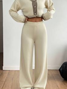 SHEIN PETITE 小碼女款羊毛針織兩件套，秋季休閒極簡居家輕米色舒適長褲套裝，寬鬆休閒家居服 - 杏色 - 查看 8