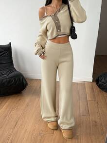 SHEIN PETITE 小碼女款羊毛針織兩件套，秋季休閒極簡居家輕米色舒適長褲套裝，寬鬆休閒家居服 - 杏色 - 查看 7