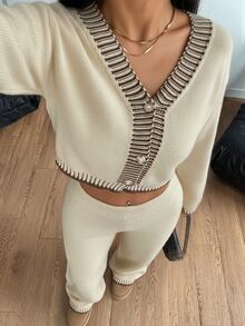 SHEIN PETITE 小碼女款羊毛針織兩件套，秋季休閒極簡居家輕米色舒適長褲套裝，寬鬆休閒家居服 - 杏色 - 查看 4