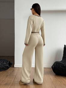 SHEIN PETITE 小碼女款羊毛針織兩件套，秋季休閒極簡居家輕米色舒適長褲套裝，寬鬆休閒家居服 - 杏色 - 查看 2