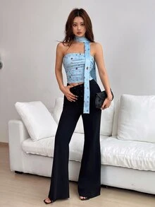 SHEIN 女款彩色寶石圖案印花抓皺抹胸上衣附圍巾，適合夜晚外出、派對、夏季 Y2K 性感秋季穿搭 - 彩色 - 查看 6