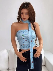 SHEIN 女款彩色寶石圖案印花抓皺抹胸上衣附圍巾，適合夜晚外出、派對、夏季 Y2K 性感秋季穿搭 - 彩色 - 查看 4
