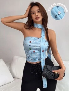SHEIN 女款彩色寶石圖案印花抓皺抹胸上衣附圍巾，適合夜晚外出、派對、夏季 Y2K 性感秋季穿搭 - 彩色 - 查看 5