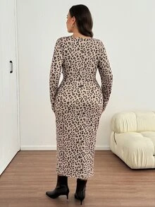 Easowa Curve 大尺碼女款豹紋抓皺開衩設計休閒性感派對早午餐洋裝 秋季粉色豹紋 - 彩色 - 查看 5