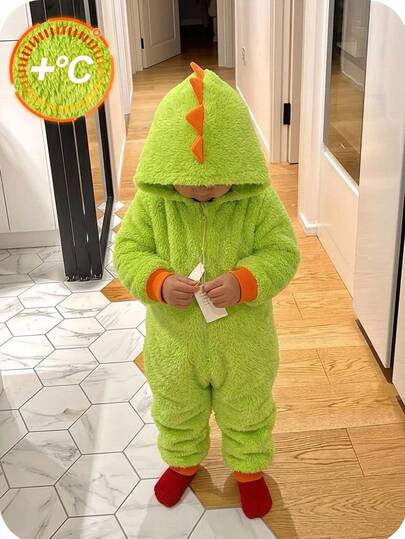SHEIN Kids Casual Cute Dinosaur Pattern Cartoon Plush Long Sleeve Long Winter Pants Jumpsuit
