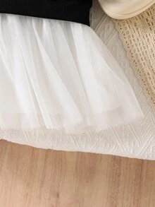 SHEIN 女童黑色針織衛衣配珠飾蝴蝶結與白色網紗裙仙女公主風，適合出遊、夏秋季穿著，1歲生日禮物 - 彩色 - 查看 10