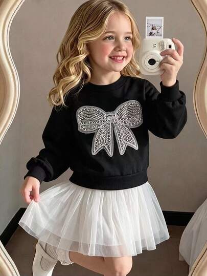 SHEIN Girls Black Knitted Sweatshirt With Beaded Bow And White Mesh Skirt, Cute Fashion Casual Versatile Simple, Suitable For Outings, Suitable For Summer And Autumn