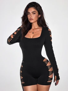 Slayform 1 buah Romper Biasa/Berlubang+Jaring+Desain Pengangkat Bokong/Gaya Dasar/Hitam/Romper Olahraga+Fitness/Yoga - Hitam - View 2