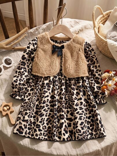 LMoss Kids Baby Girl Autumn/Winter 2-Piece Set, Vintage Leopard Print Puff Sleeve Dress With Faux Fur Brown Vest, Sweet And Fashionable
