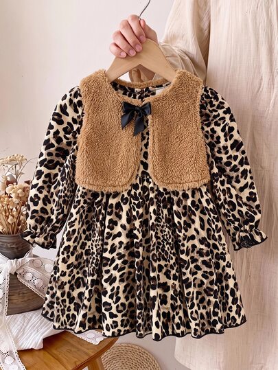 LMoss Kids Baby Girl Autumn/Winter 2-Piece Set, Vintage Leopard Print Puff Sleeve Dress With Faux Fur Brown Vest, Sweet And Fashionable