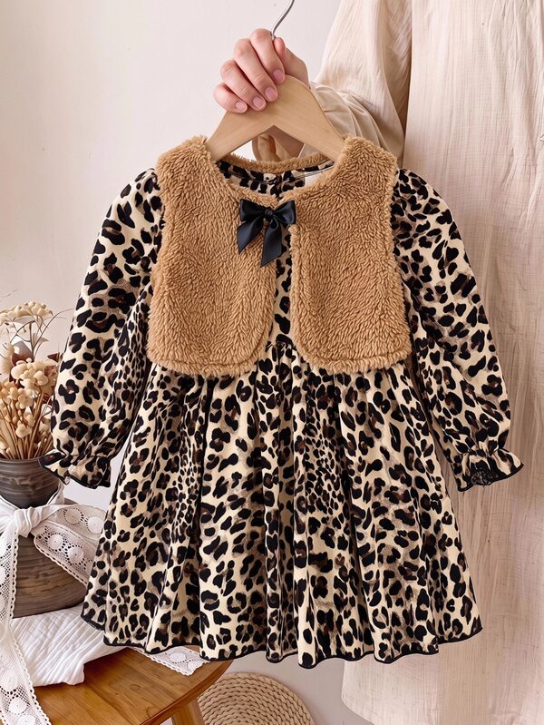 LMoss Kids Setelan 2 Potong Musim Gugur/Dingin untuk Bayi Perempuan, Gaun Lengan Mengembang Motif Leopard Vintage dengan Rompi Bulu Imitasi Cokelat, Manis dan Modis