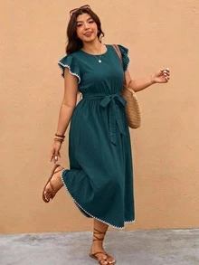 SHEIN Essnce 大尺碼度假休閒拼接飾邊洋裝 - 水鴨藍 - 查看 1