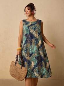 Travachic Plus Size Women Summer Casual Vacation Tropical Print Sleeveless Loose Dress - Navy Blue - View 1