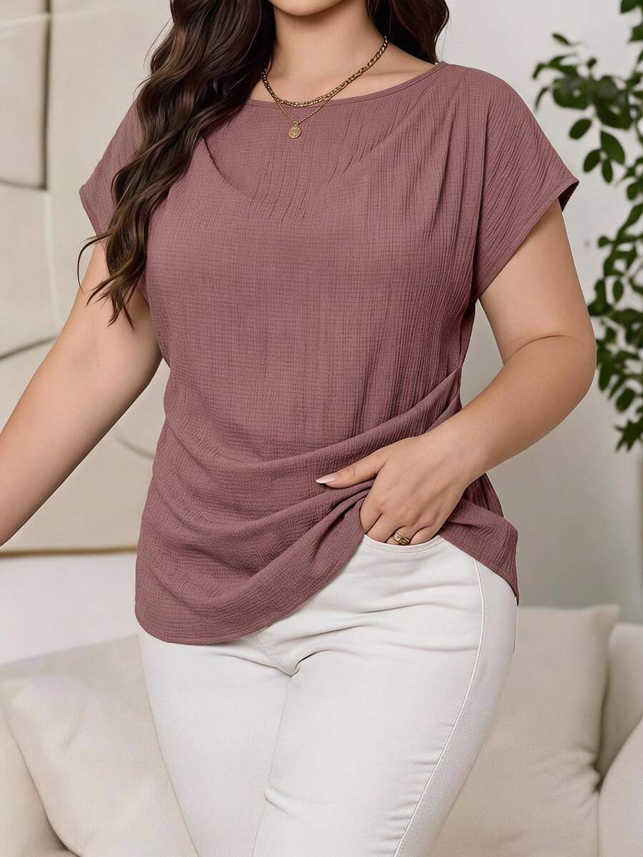 Reflora Plus Size Women's Solid Color Round Neck Short Sleeve Pleated Design Blouse - Dusty Pink - View 1
