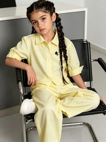Souflis 2pcs/Set Young Girl Cotton Long Sleeve Shirt And Loose Fit Pant, Cream Yellow Stripe Back To School Outfit - Yellow - View 8