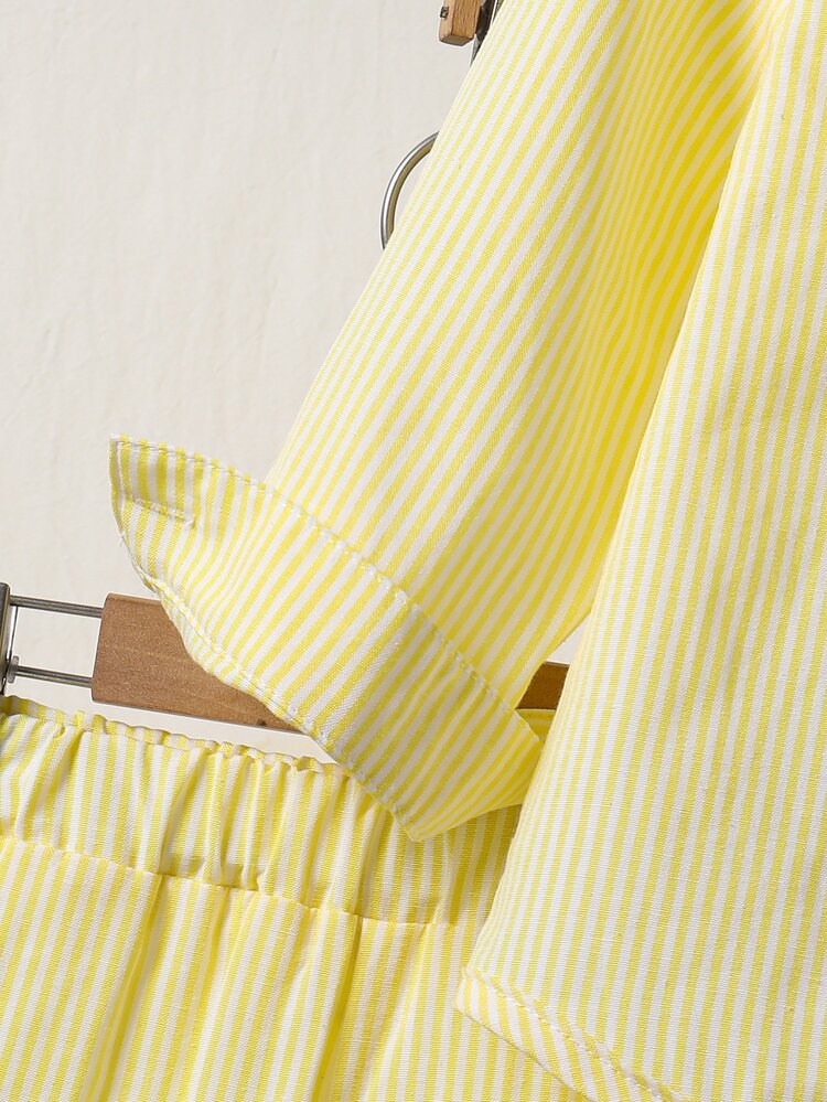 Souflis Conjunto infantil de algodón puro para primavera/verano con rayas amarillo claro y blanco, minimalista y exquisito, fresco y de moda, camisa con decoración de logotipo de caballo negro bordado, adecuado para salidas diarias, reuniones y actividades casuales de primavera/verano - Amarillo - Añade 4