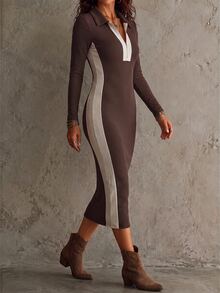 SHEIN Spring Autumn White And Brown Color Block Turn-Down Collar Half-Zip Knit Dress For Women, Vertical Striped Long Sleeve Slim Fit Bodycon Midi Dress - Brown - View 4