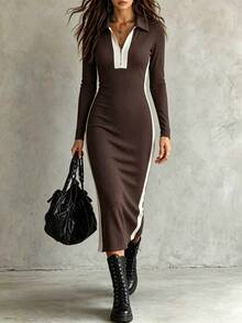 SHEIN Spring Autumn White And Brown Color Block Turn-Down Collar Half-Zip Knit Dress For Women, Vertical Striped Long Sleeve Slim Fit Bodycon Midi Dress - Brown - View 1
