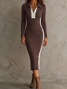 SHEIN Spring Autumn White And Brown Color Block Turn-Down Collar Half-Zip Knit Dress For Women, Vertical Striped Long Sleeve Slim Fit Bodycon Midi Dress - Brown - View 3