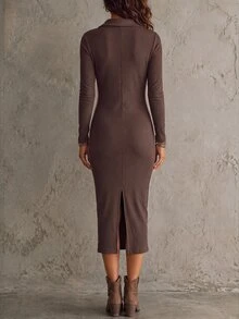 SHEIN Spring Autumn White And Brown Color Block Turn-Down Collar Half-Zip Knit Dress For Women, Vertical Striped Long Sleeve Slim Fit Bodycon Midi Dress - Brown - View 2