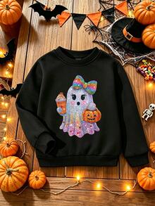 (1 Pc) Autumn/Winter Halloween Cute Rhinestone Ghost Pumpkin Lantern Milk Tea Colorful Bow Pattern Basic Crew Neck Sweatshirt For Girls - Black - View 4
