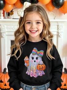 (1 Pc) Autumn/Winter Halloween Cute Rhinestone Ghost Pumpkin Lantern Milk Tea Colorful Bow Pattern Basic Crew Neck Sweatshirt For Girls - Black - View 5