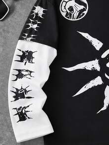 SHEIN Coolqubz 1 Set Tween Boy Street Style Creative Graphic Print 2 In 1 Long Sleeve Top With Matching Shorts, Regular Thickness, Casual Summer Outfit - Black and White - View 5
