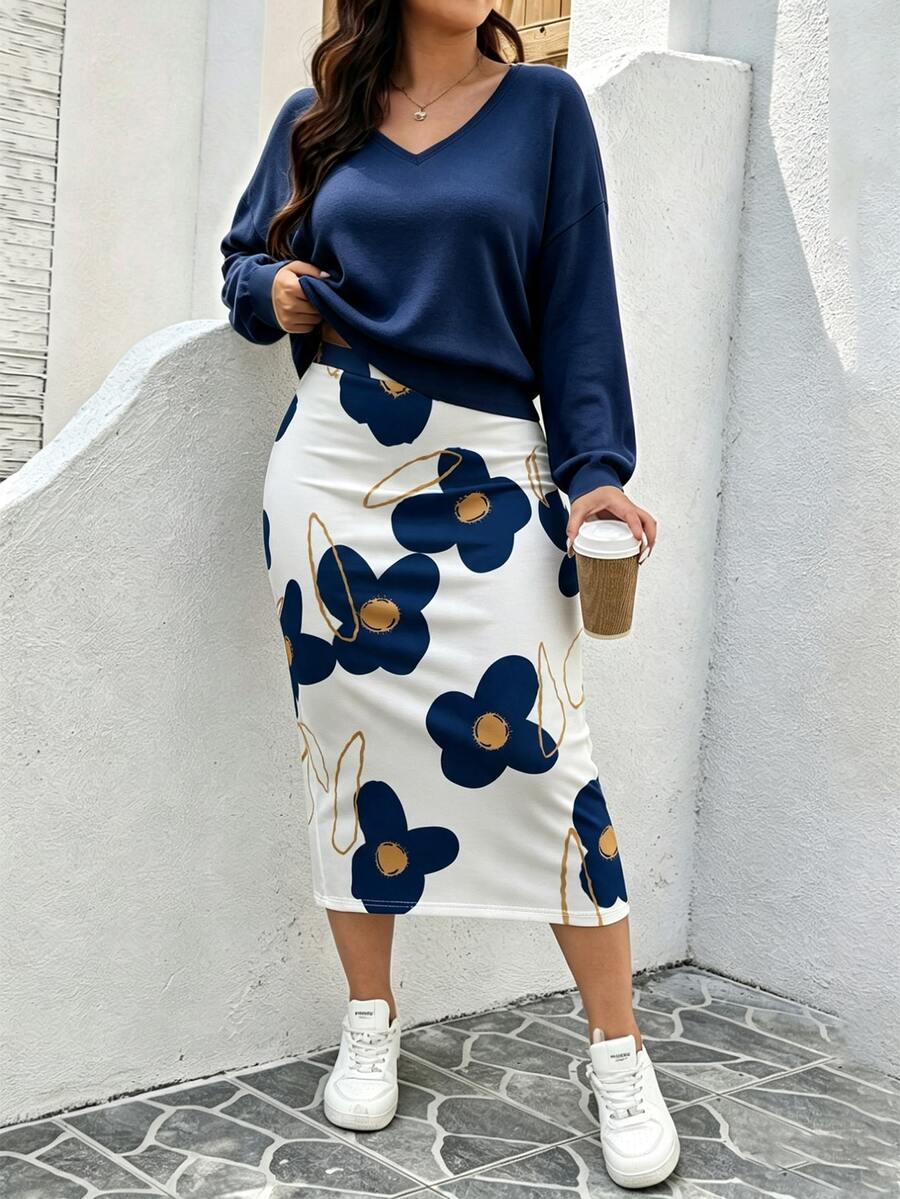 SHEIN LUNE CURVE 大尺碼純色百搭長袖運動衫與花卉印花中長裙兩件套 - 彩色 - 查看 1