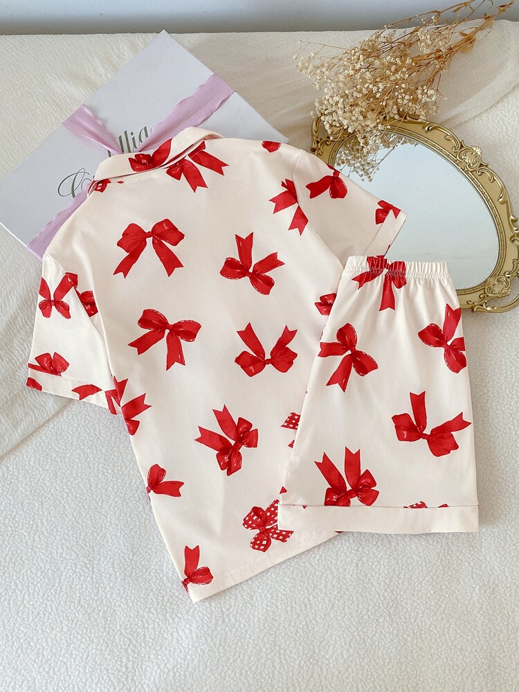 Girls' White And Blue Ribbon Bow Minimalist Elegant Flame-Retardant Brushed Fabric Open-Front Short Sleeve Top And Shorts Casual Comfortable Loose 2 Pieces Loungewear Set - Red - View 3