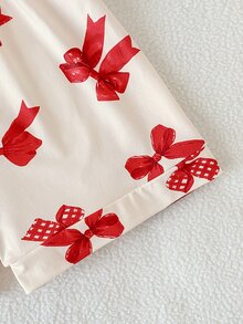 女童白色與藍色蝴蝶結簡約優雅阻燃磨毛布料前開襟短袖上衣與短褲休閒舒適寬鬆兩件式家居服套裝 - 紅色 - 查看 8
