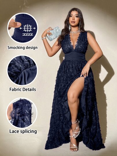 Viva Relle Plus Size V-Neck Lace Cinched Waist Elegant Dress