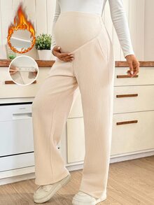 SHEIN 可調腰圍孕婦休閒日常穿著長褲 冬季 - 杏色 - 查看 1