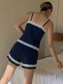 DAZY 2pcs/Set Lace Patchwork Sleeveless Cardigan & Loose Straight Short Pajama Pants Summer Sleepwear Set For Women - Navy Blue - View 2