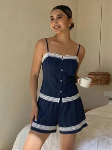 DAZY 2pcs/Set Lace Patchwork Sleeveless Cardigan & Loose Straight Short Pajama Pants Summer Sleepwear Set For Women - Navy Blue - View 7