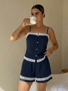 DAZY 2pcs/Set Lace Patchwork Sleeveless Cardigan & Loose Straight Short Pajama Pants Summer Sleepwear Set For Women - Navy Blue - View 8