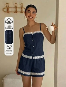 DAZY 2pcs/Set Lace Patchwork Sleeveless Cardigan & Loose Straight Short Pajama Pants Summer Sleepwear Set For Women - Navy Blue - View 3