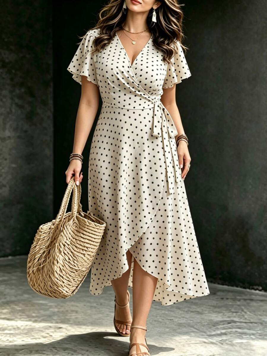 SHEIN LUNE 大码波尔卡圆点印花系腰裹身连衣裙，适合度假休闲女士装，适合夏季 - 彩色 - 查看 1