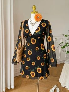 SHEIN EZwear 大尺碼女款V領花卉印花休閒波希米亞風度假秋季正式黑色洋裝 - 彩色 - 查看 4