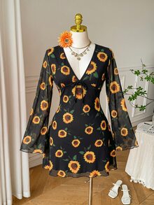SHEIN EZwear 大尺碼女款V領花卉印花休閒波希米亞風度假秋季正式黑色洋裝 - 彩色 - 查看 8