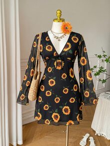 SHEIN EZwear 大尺碼女款V領花卉印花休閒波希米亞風度假秋季正式黑色洋裝 - 彩色 - 查看 6
