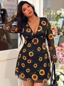 SHEIN EZwear 大尺碼女款V領花卉印花休閒波希米亞風度假秋季正式黑色洋裝 - 彩色 - 查看 9