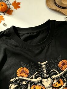 Resyla Men 骷髏肋骨南瓜傑克燈籠萬聖節T恤，深色哥德風玫瑰花卉中性黑色短袖T恤，寬鬆版型適合男女穿著，不限於節日場合，適用於萬聖節派對、音樂節、街頭日常穿搭，可搭配工裝褲、牛仔褲，輕鬆打造美式復古暗黑風格 - 黑色 - 查看 8