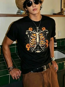 Resyla Men 骷髏肋骨南瓜傑克燈籠萬聖節T恤，深色哥德風玫瑰花卉中性黑色短袖T恤，寬鬆版型適合男女穿著，不限於節日場合，適用於萬聖節派對、音樂節、街頭日常穿搭，可搭配工裝褲、牛仔褲，輕鬆打造美式復古暗黑風格 - 黑色 - 查看 3